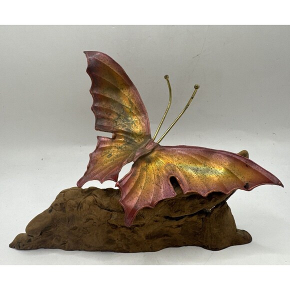 Other - Vintage Mid Century Metal Butterfly Sculpture Tree Root Wood Base Rustic decor